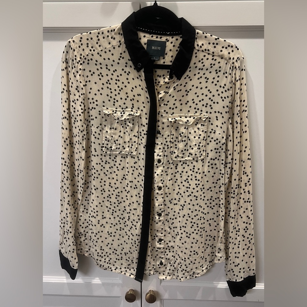 Maeve Cream with Black Polka Dots long Sleeve Button Down Blouse Size 2